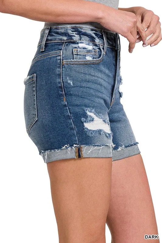 ZENANA CUFFED RAW HEM DENIM SHORTS