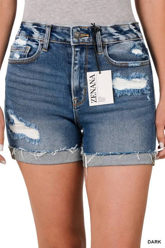 ZENANA CUFFED RAW HEM DENIM SHORTS