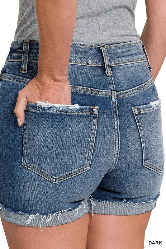ZENANA CUFFED RAW HEM DENIM SHORTS