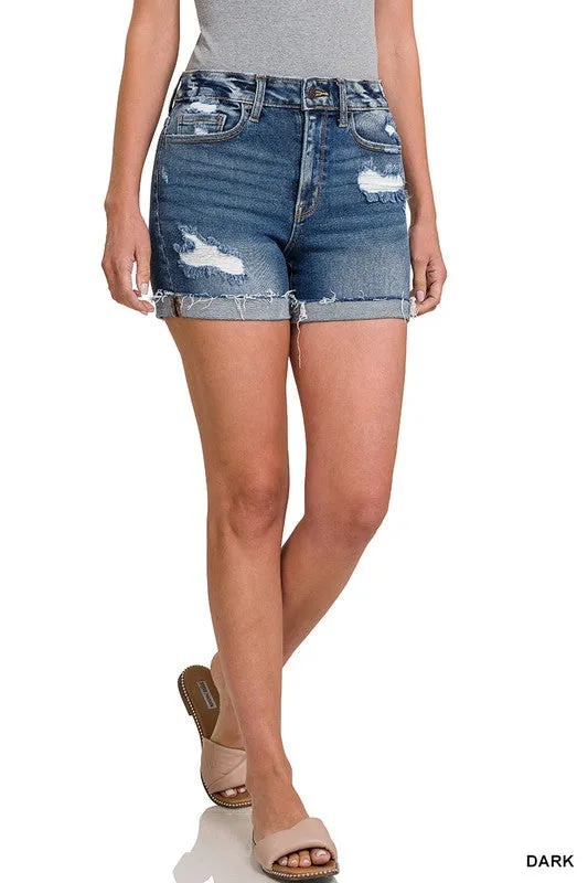 ZENANA CUFFED RAW HEM DENIM SHORTS