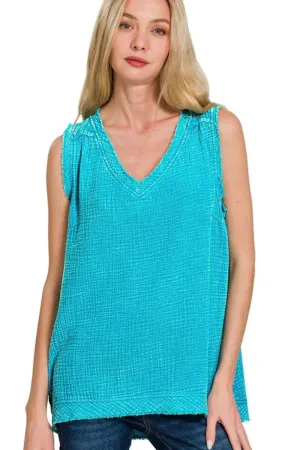 Zenana Double Gauze Raw Edge Acid Washed Tank