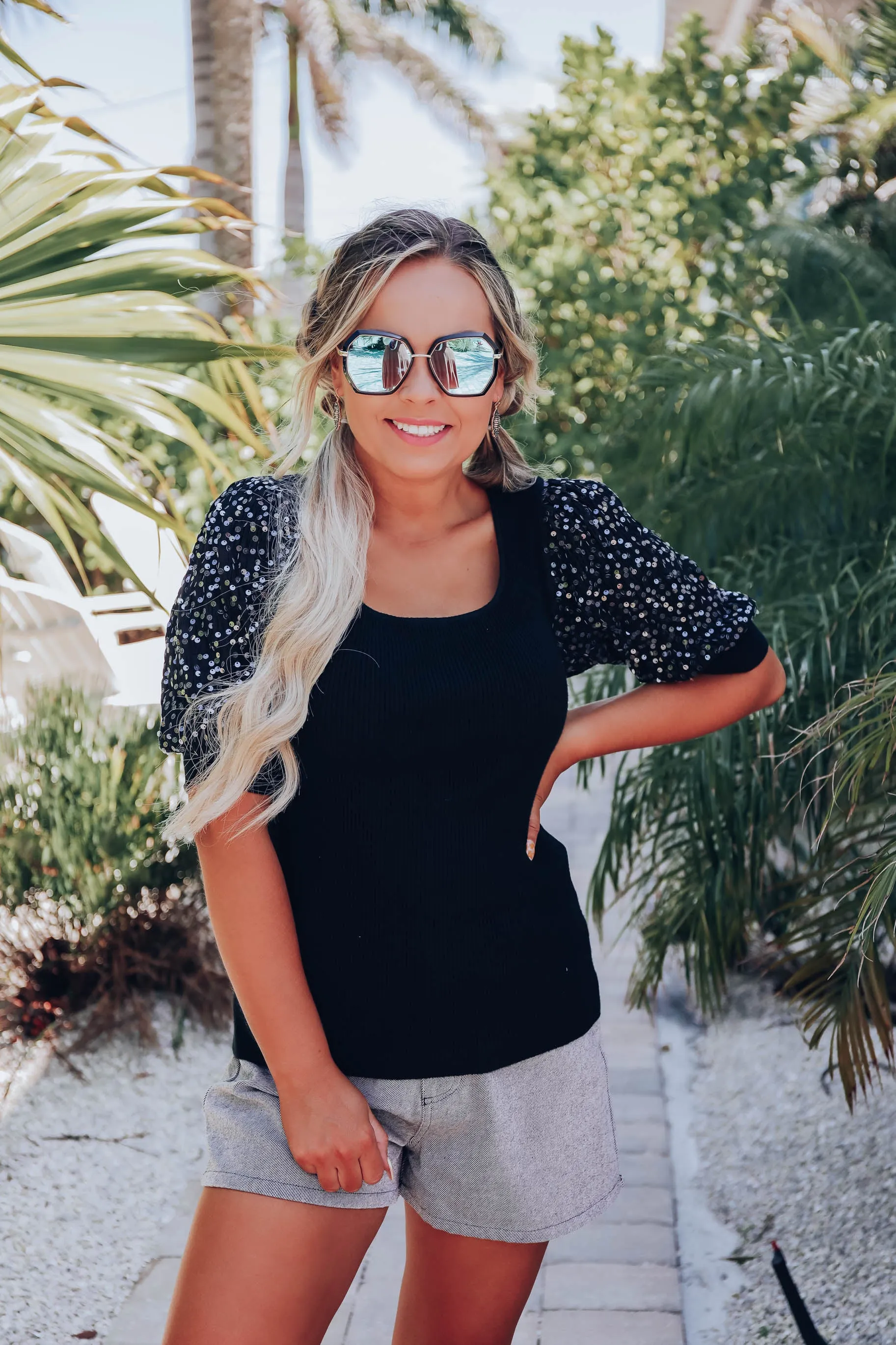 Zora Sequin Puff Sleeve Top - Black