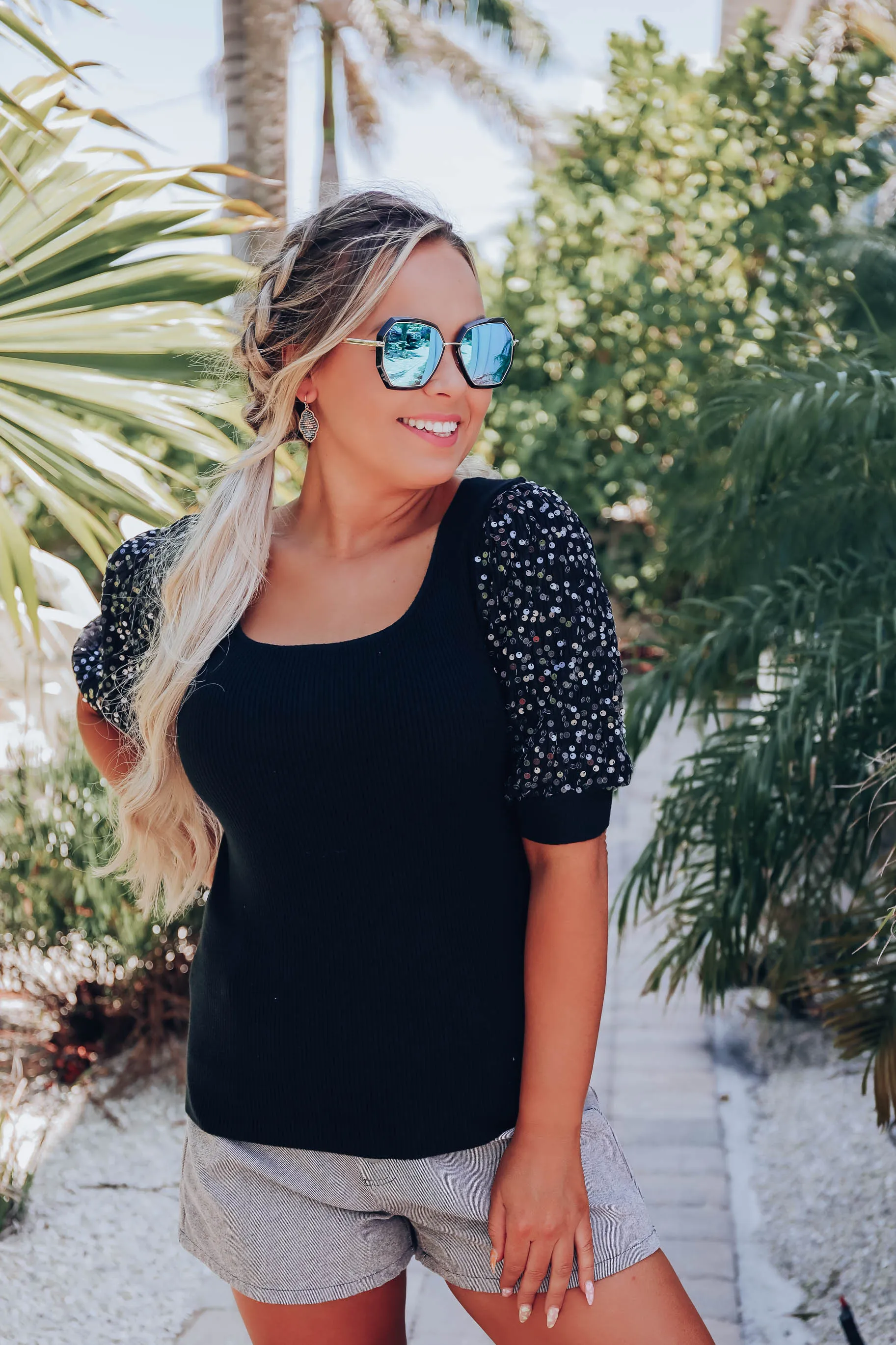 Zora Sequin Puff Sleeve Top - Black