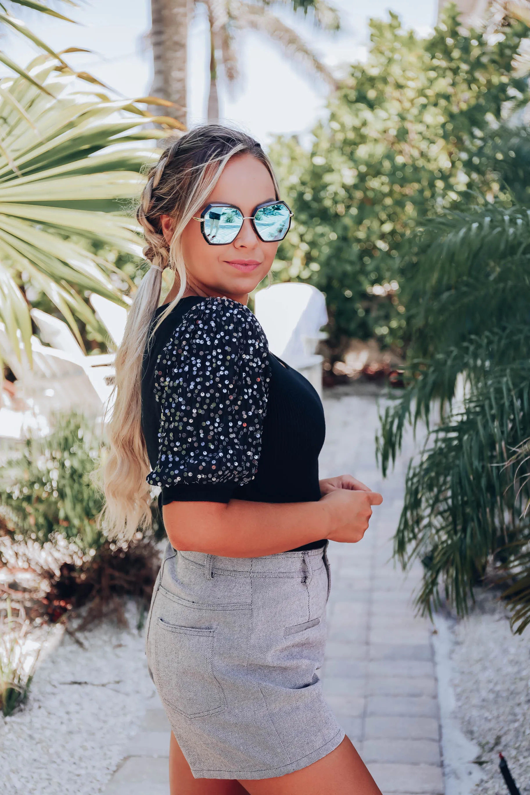 Zora Sequin Puff Sleeve Top - Black