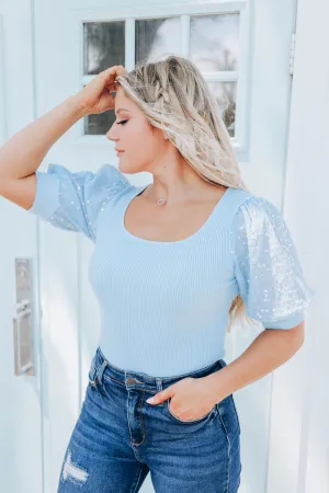 Zora Sequin Puff Sleeve Top - Blue