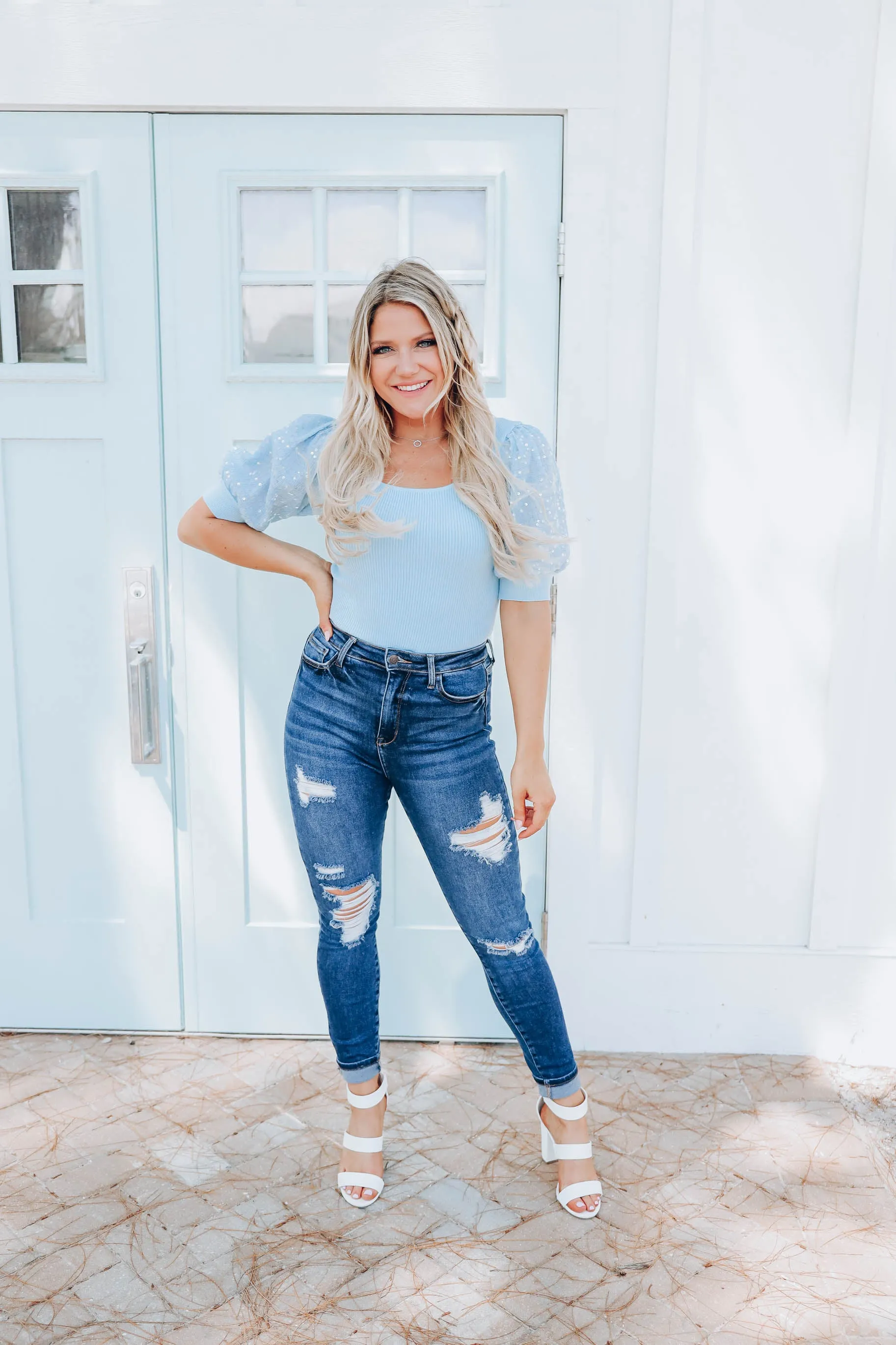 Zora Sequin Puff Sleeve Top - Blue