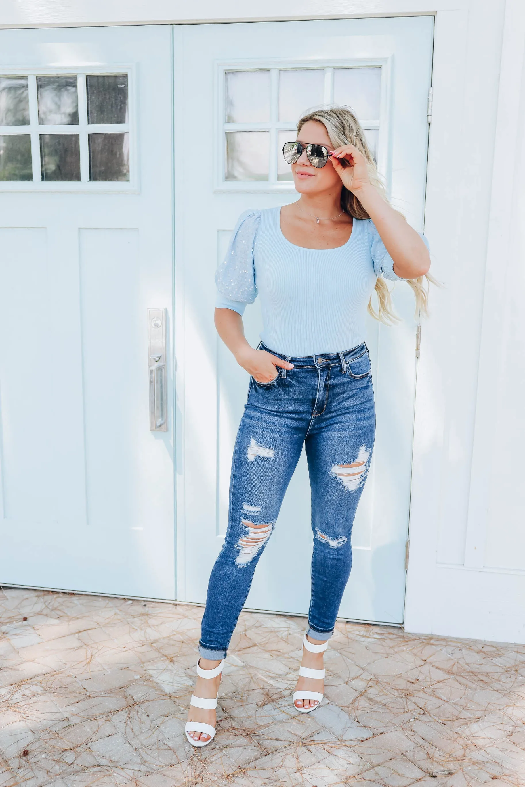 Zora Sequin Puff Sleeve Top - Blue